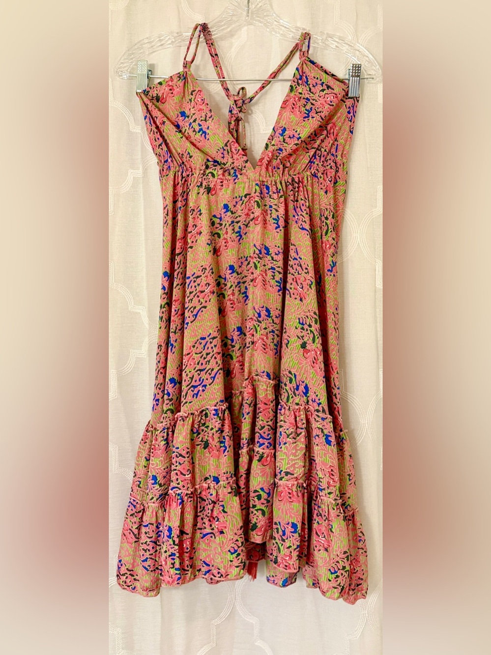 Mamey Pink Tropical Boho Tiered Mini Dress Small Open Tie Back 🌺